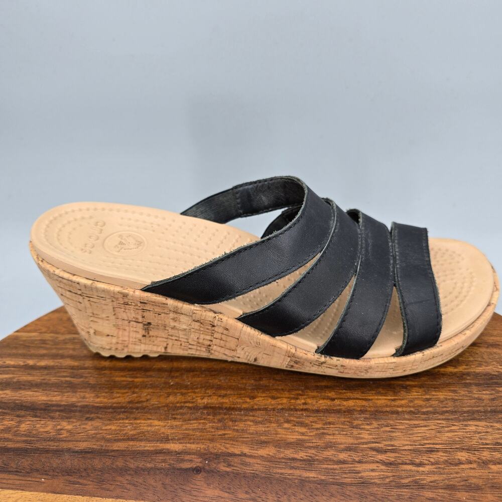 Crocs Sandals Womens 9 Black Leather Strappy A Leigh Slip On Casual Wedge Slides
